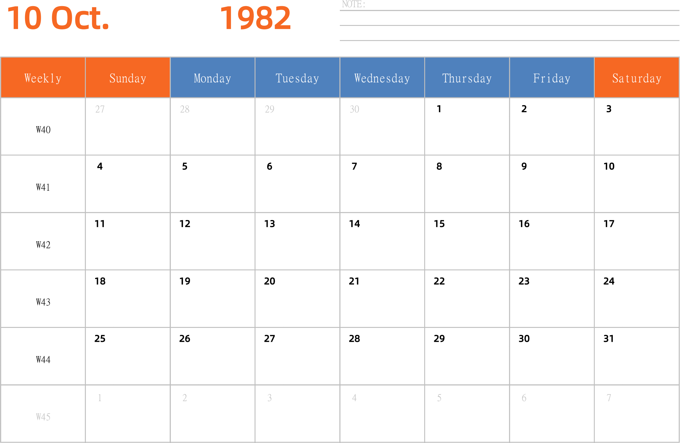 日历表1982年日历 英文版 横向排版 周日开始 带周数